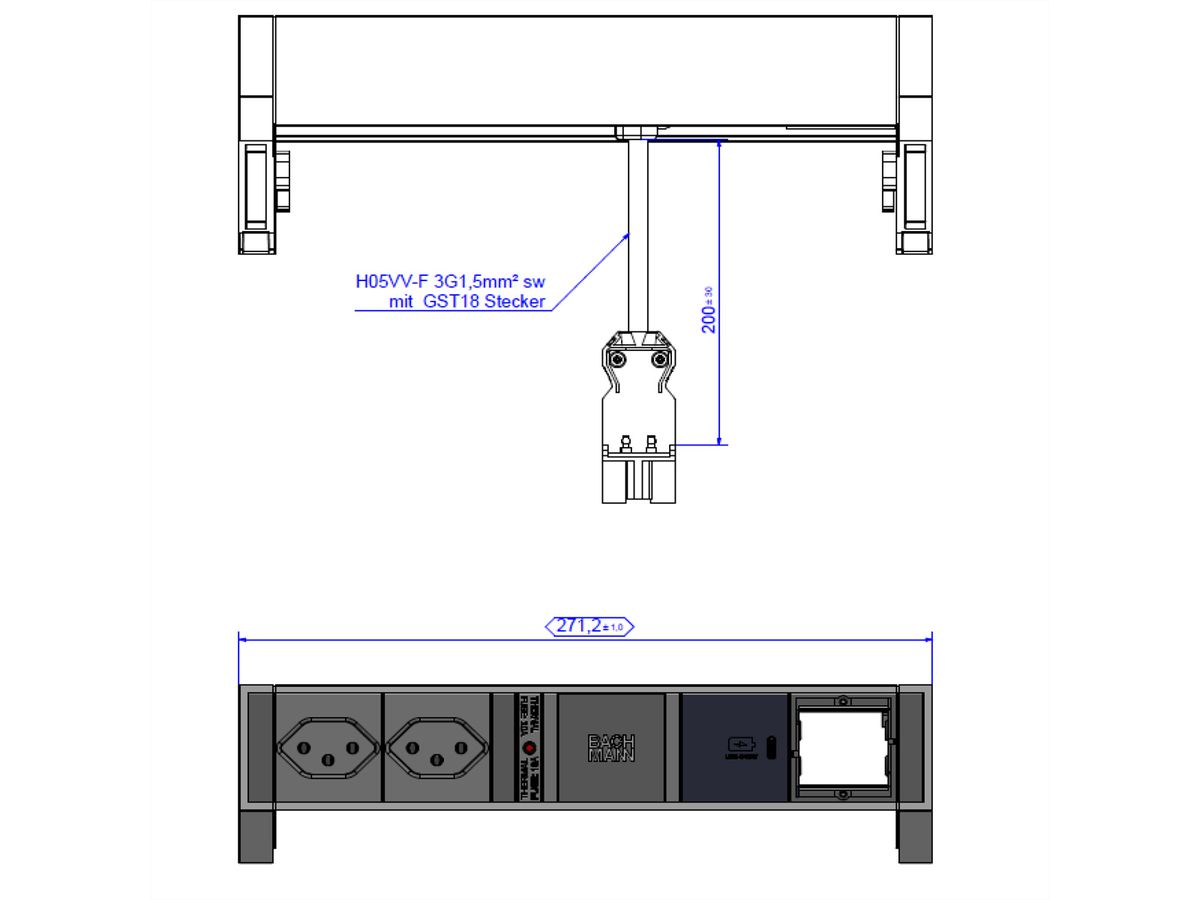 BACHMANN DESK2 ALU BLACK 2xCH T13 1xCM, 1xUSBC 30W 0,2m GST18 Schweiz