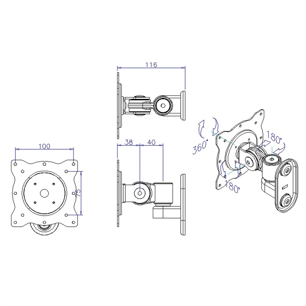 ROLINE LCD-Wandhalterung, 3 Gelenke, bis 10 kg, schwarz