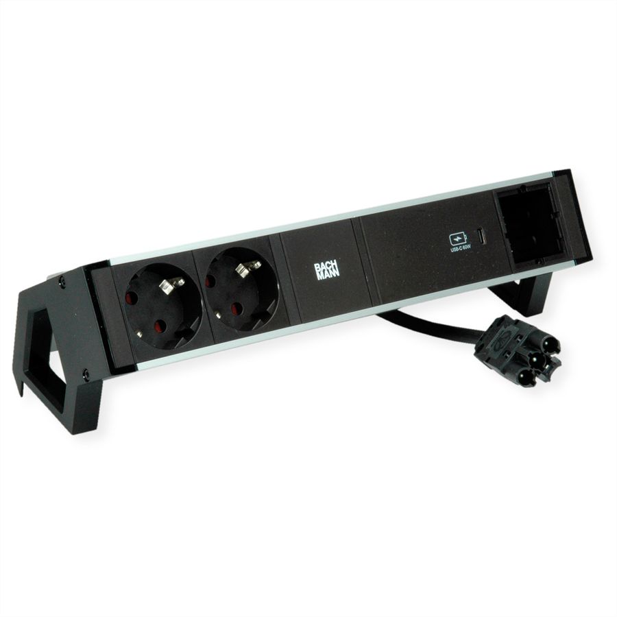 BACHMANN DESK2 ALU BLACK 2xSchutzkt.USBC, USB Charger 60W 1xABD 0,2m GST18