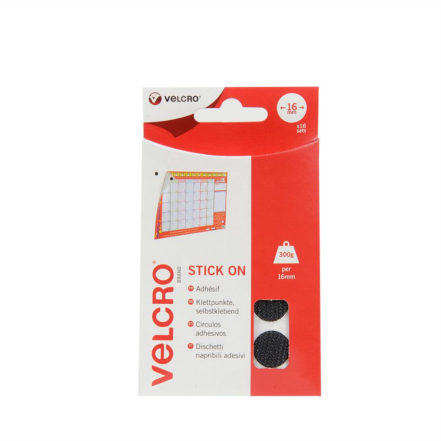 VELCRO® Klettpunkte Selbstklebend, Haken & Flausch 16mm x 16 sets Schwarz