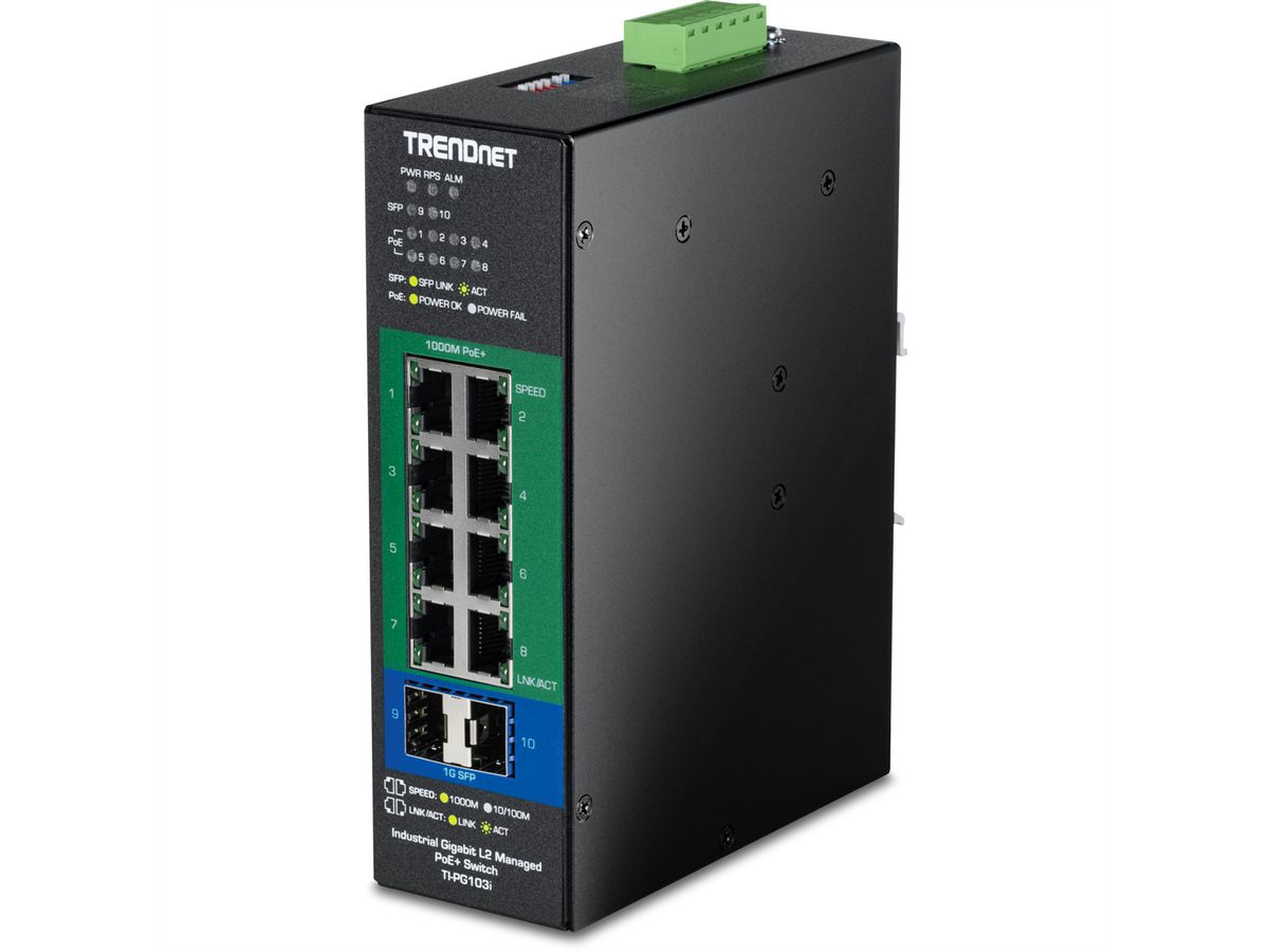TRENDnet TI-PG103i 10-Port PoE+ Switch Industrial Gigabit L2 Managed DIN-Rail