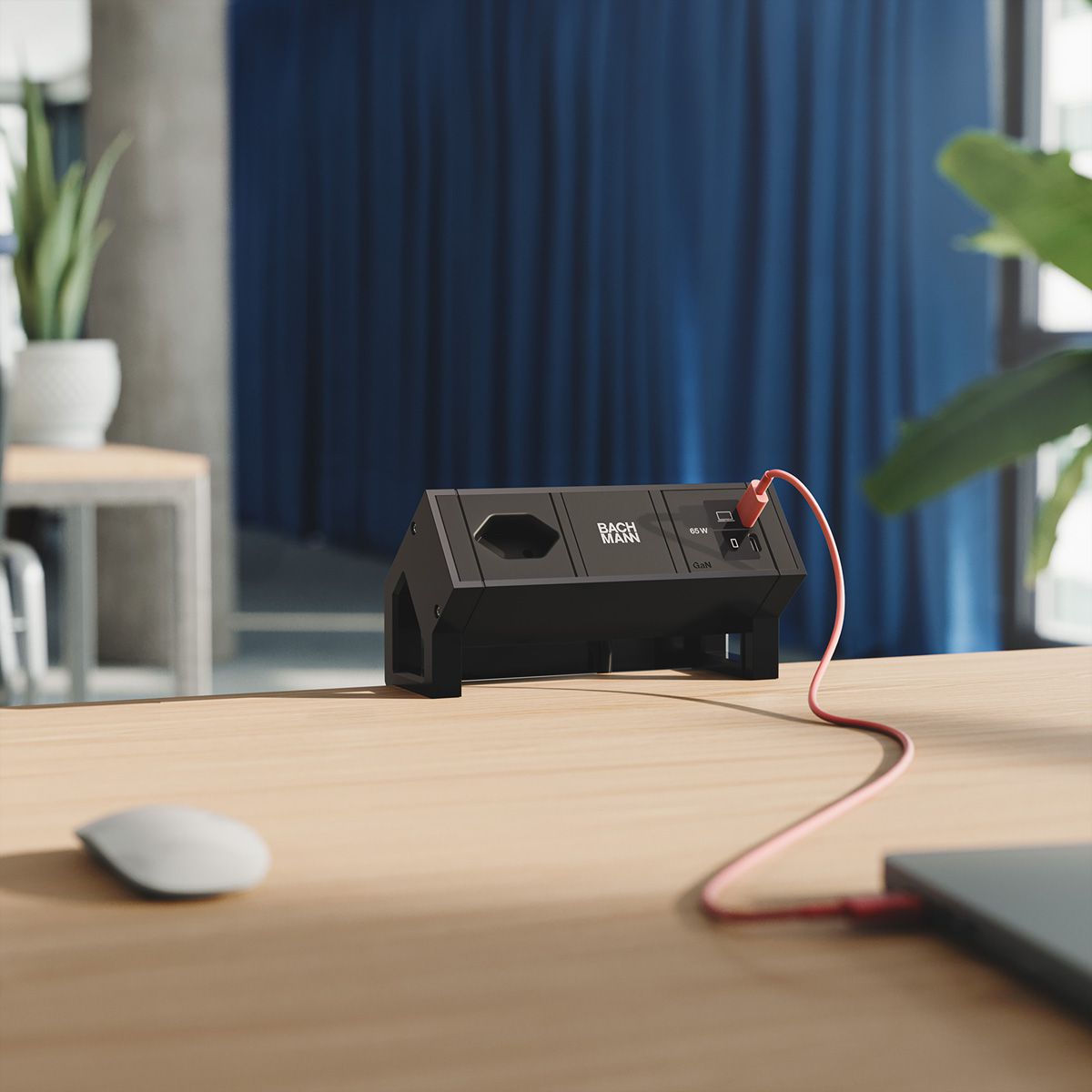 BACHMANN DESK2 1xCH 90° 1xUSB C/C 65W, L=0,2m RAL9005