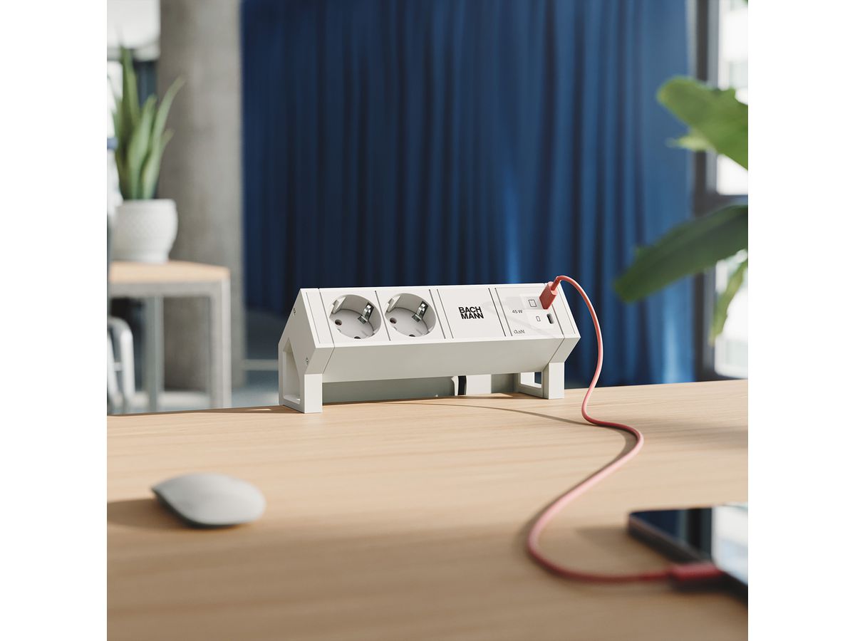 BACHMANN DESK2 PURE WHITE 2xCEE7/3, 1xUSB C/C 45W L=0,2m RAL9010