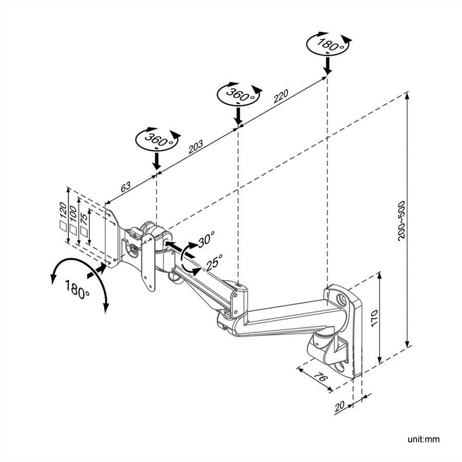 ROLINE LCD-Arm Gasfeder, Wandmontage, Pivot, bis 32 Zoll, bis 8 kg