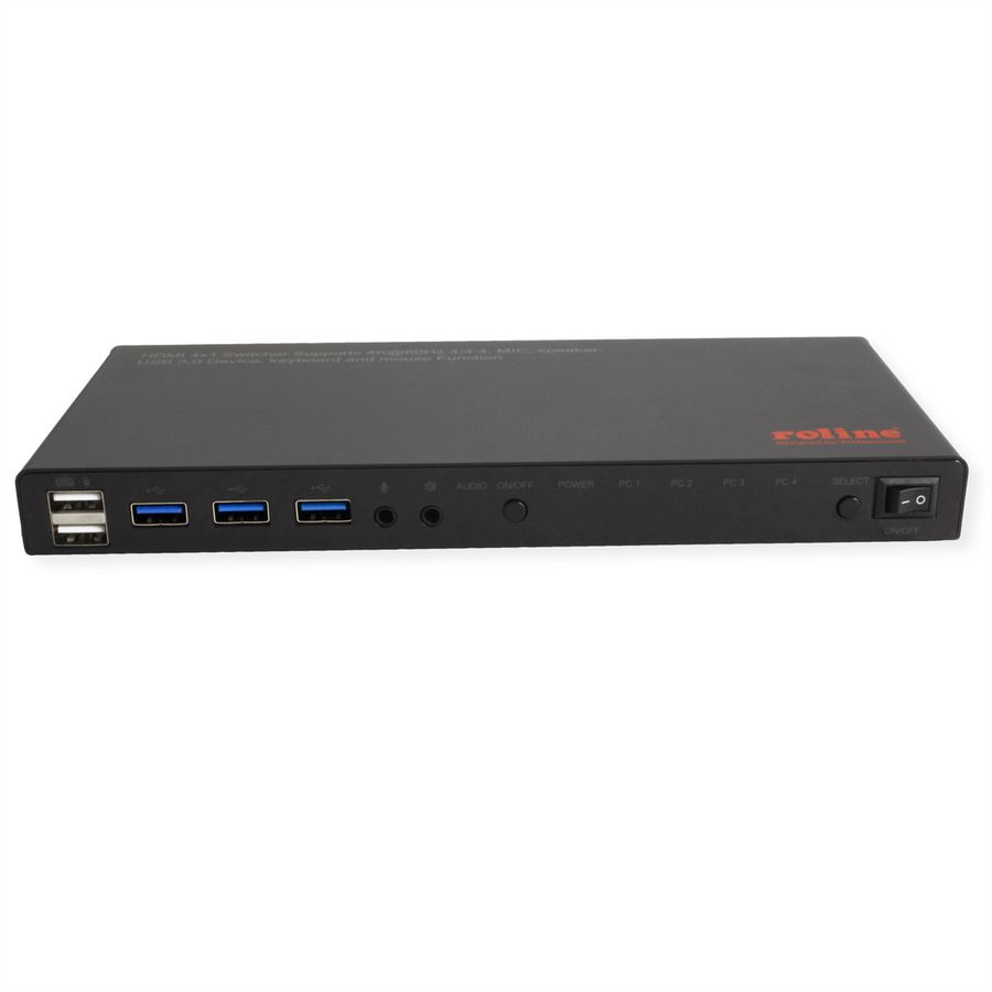 ROLINE KVM Switch, HDMI 4K, USB, 1 User - 4 PC, mit 3-Port USB-Hub