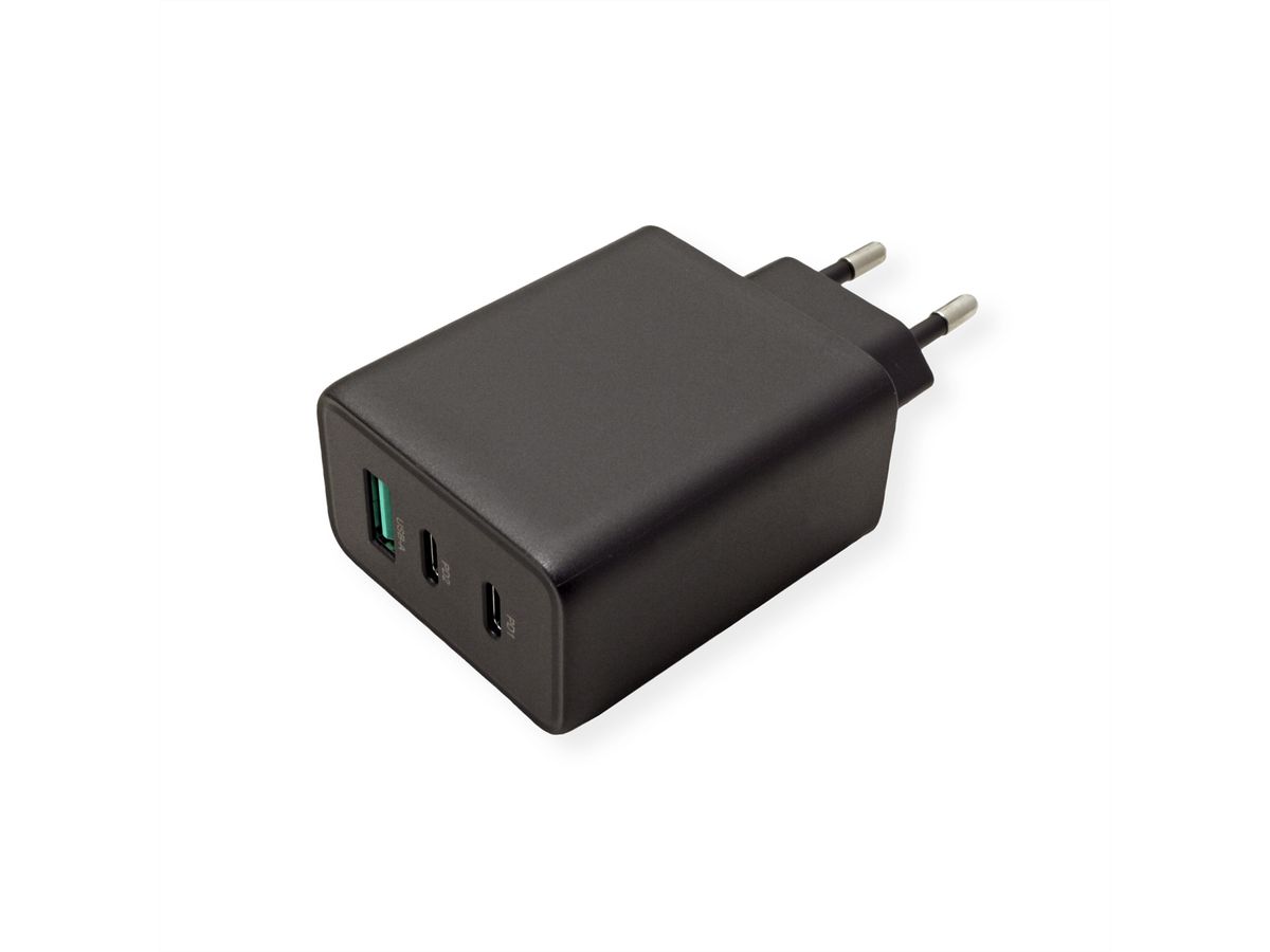 VALUE USB Charger mit Euro-Stecker, 3-Port (Typ-A, 2x Typ-C), 65W, GaN