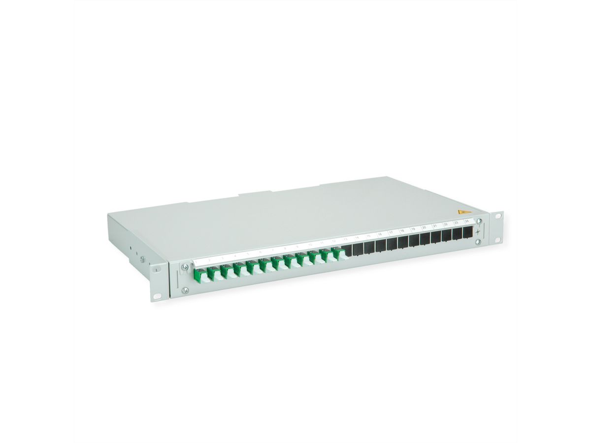 TELEGÄRTNER BASIS V LWL-Panel mit Kupplungen & Pigtails, 12x E2000, OS2 APC grün