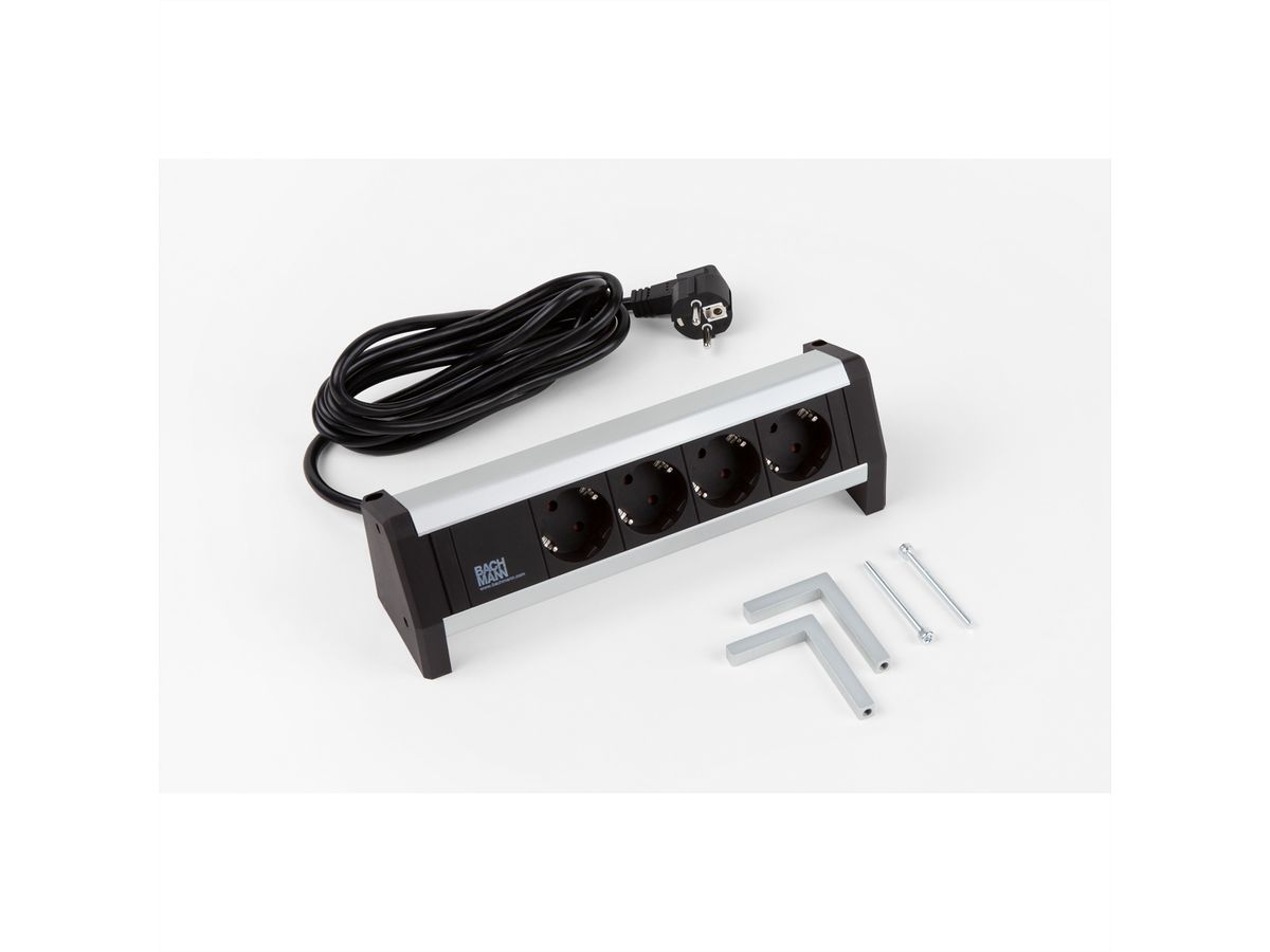 BACHMANN DESK 4x Schutzkontakt mit fest verbundenem Anschlusskabel, schwarz, 3 m
