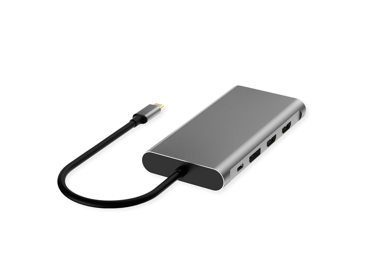 VALUE USB Typ C Dockingstation, 2x HDMI (4K60 und 4K30), 1x DP 4K60, 1x VGA, 1x Gb Ethernet, 2x USB C, 2x USB A (3.2 Gen1 und USB 2.0, 1x Type C PD