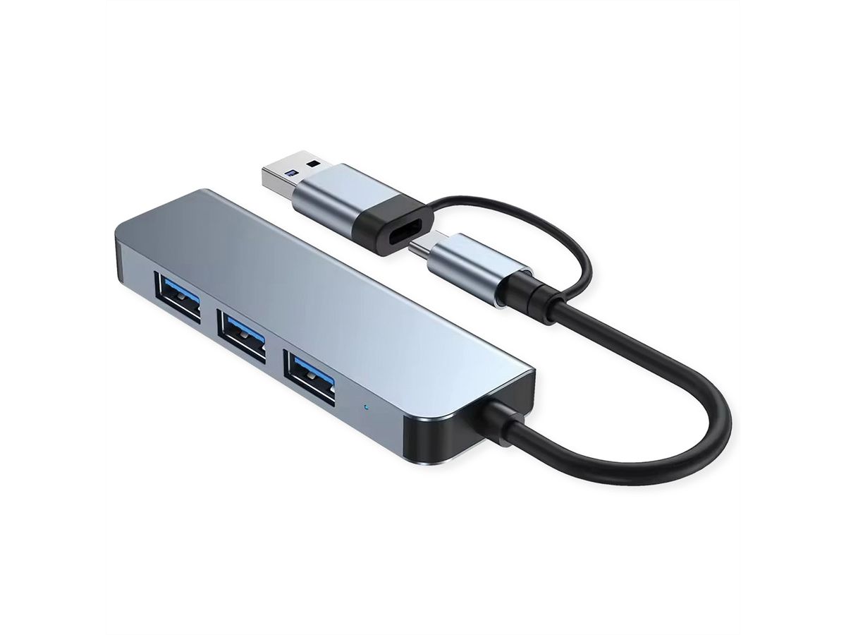 VALUE USB3.2 Gen1 Metall Hub, 4fach Typ A, (1x USB 3.2Gen1 + 3x USB 2.0), Typ A+C Anschlusskabel
