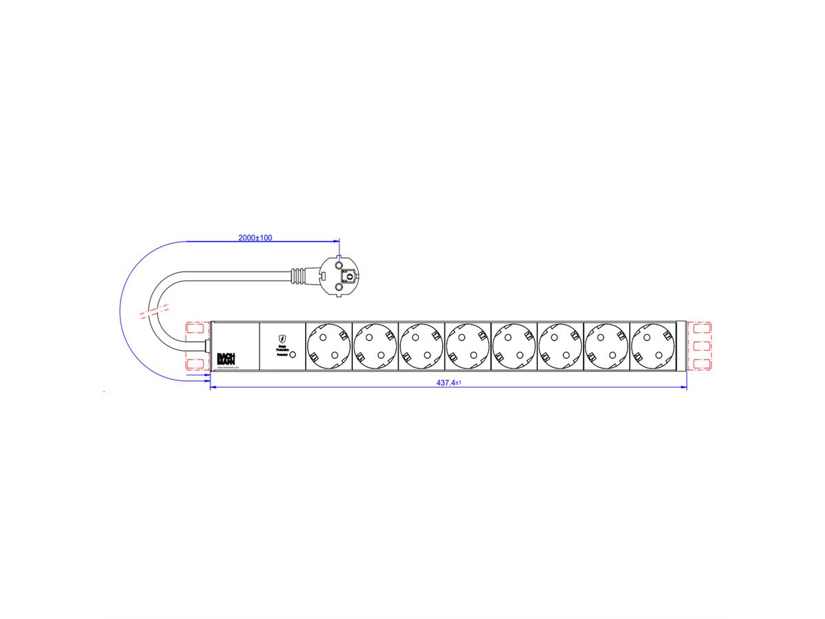 BACHMANN 19" 1HE 8xCEE7/3 RAL7035 1xSPD-Plus 2,0m CEE7/7