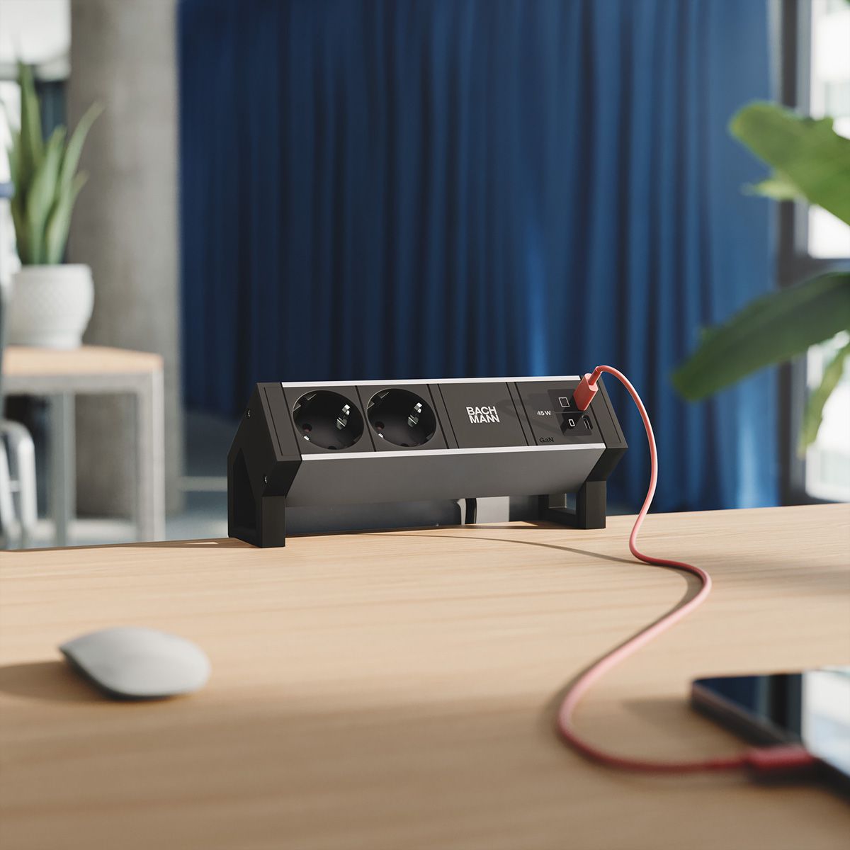 BACHMANN DESK2 ALU BLACK 2xCEE7/3, 1xUSB C/C 45W L=0,2m RAL9005