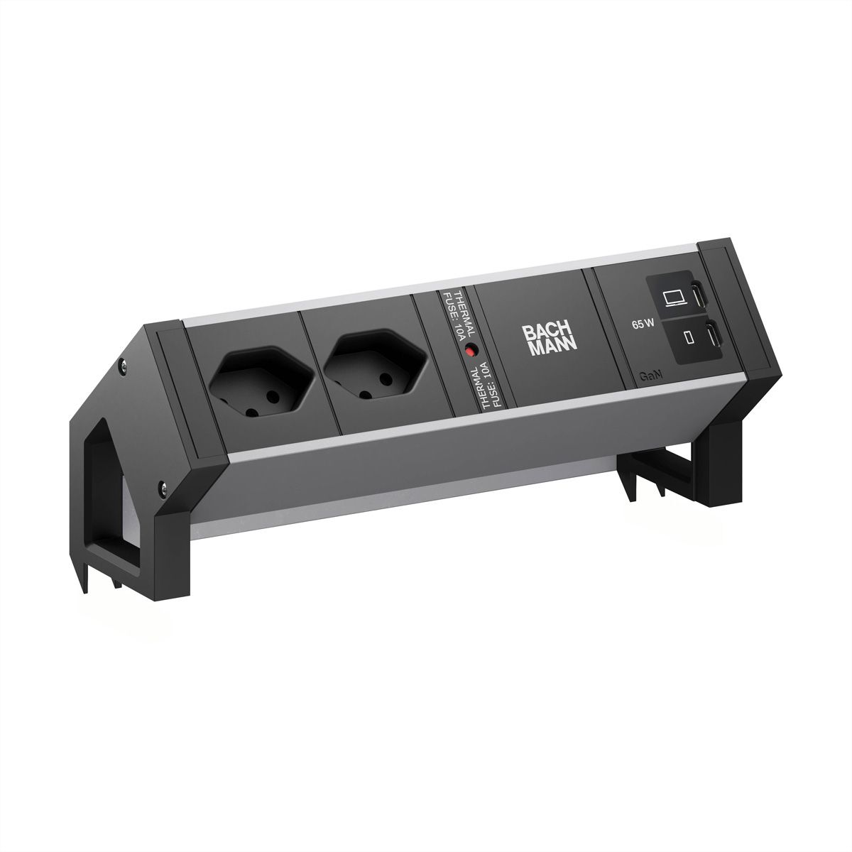 BACHMANN DESK2 ALU BLACK 2xCH 90°, 1xUSB C/C 65W L=0,2m