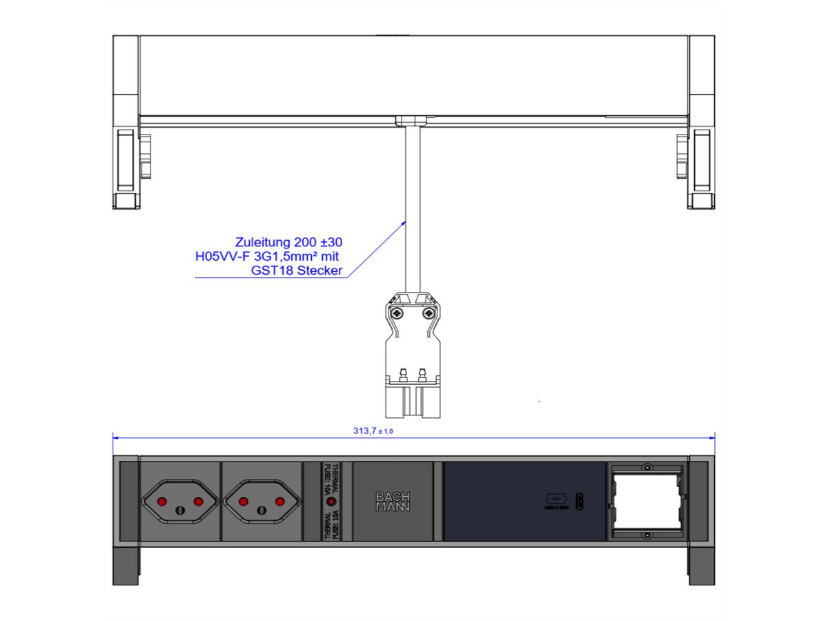 BACHMANN DESK2 2xCH 1xUSB C 60W 1xCM, 0,2m GST18 RAL9005 Schweiz