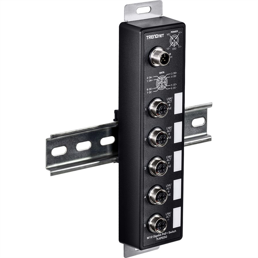 TRENDnet TI-XPG50 PoE+ Railway Switch, 5-Port Industrial EN50155 M12 Gigabit
