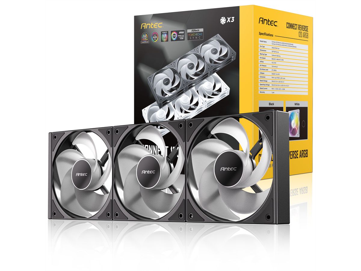 ANTEC C120 ARGB Fan Reverse PC Gehäuselüfter 120mm 3er Pack, schwarz