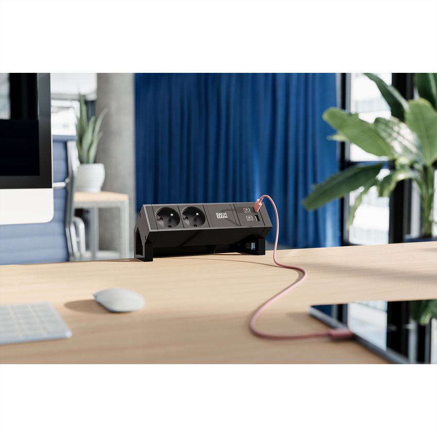 BACHMANN DESK2 2xUTE 1xUSB A/C 22W, GST18 RAL9005, schwarz, 0,2 m