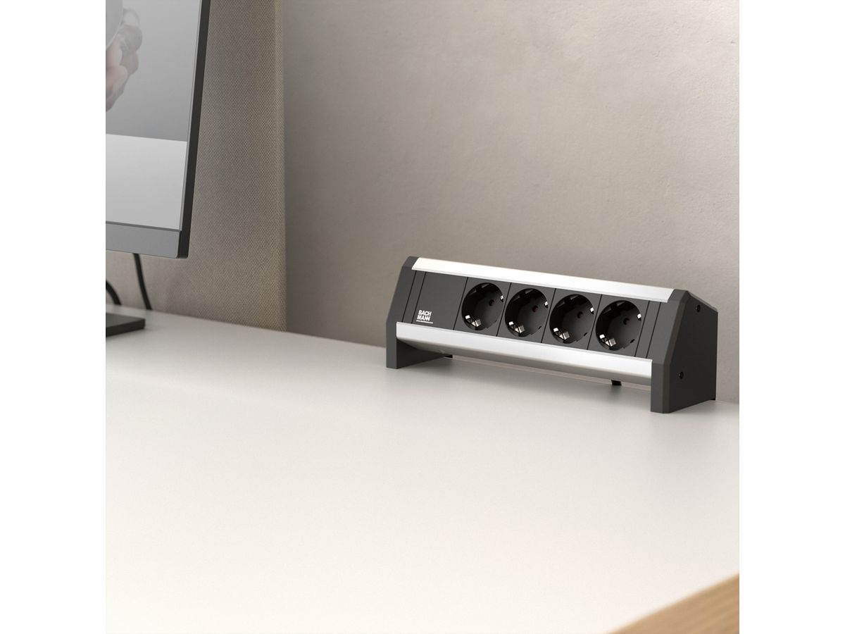 BACHMANN DESK 4x Schutzkontakt mit fest verbundenem Anschlusskabel, schwarz, 3 m