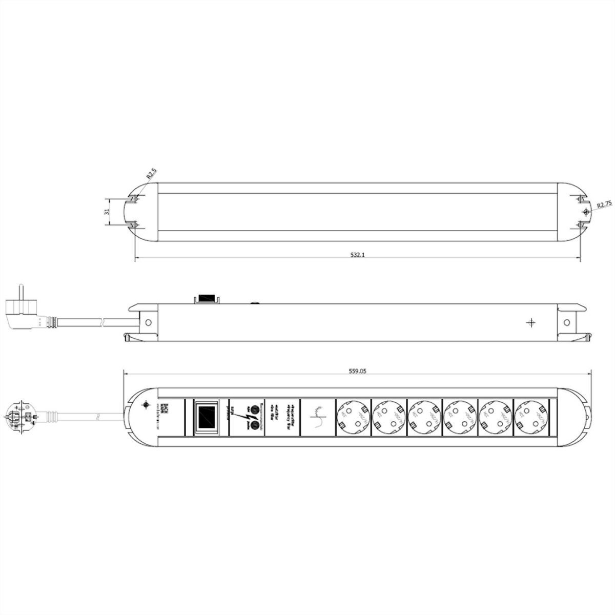 BACHMANN PRIMO Steckdosenleiste 6x Schutzkontakt, Gerätevollschutz Schalter, 1,75 m