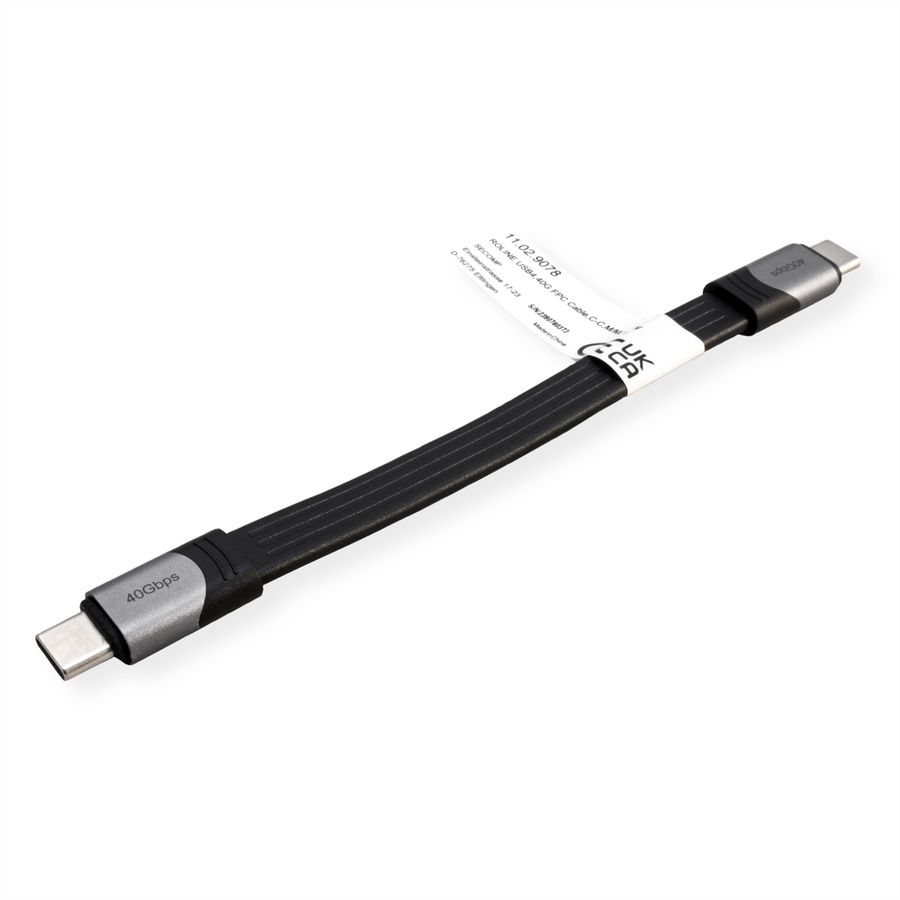 ROLINE USB4 Gen3x2 Kabel, USB C-C, ST/ST, 8K UHD-2, 40Gbit/s, 100W, extra-flach, schwarz, 15 cm
