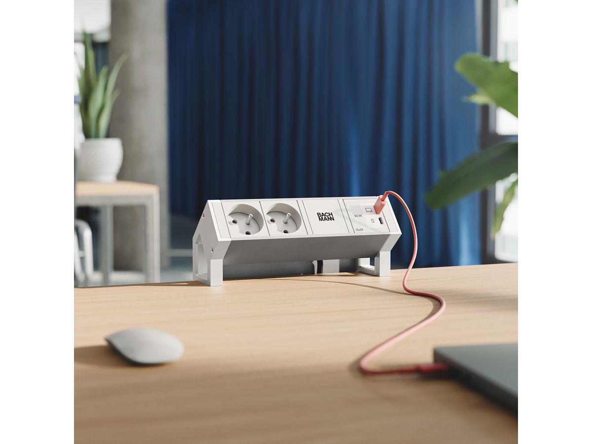 BACHMANN DESK2 ALU WHITE 2xUTE, 1xUSB C/C 65W L=0,2m RAL9010