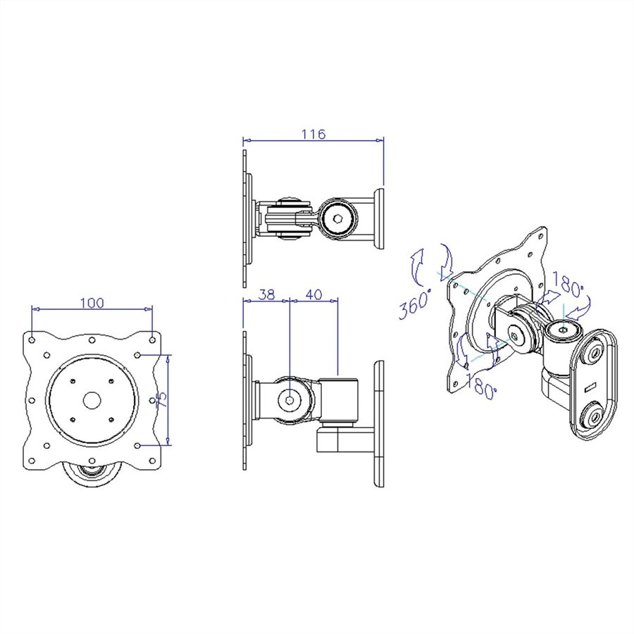 ROLINE LCD-Wandhalterung, 3 Gelenke, bis 10 kg, schwarz