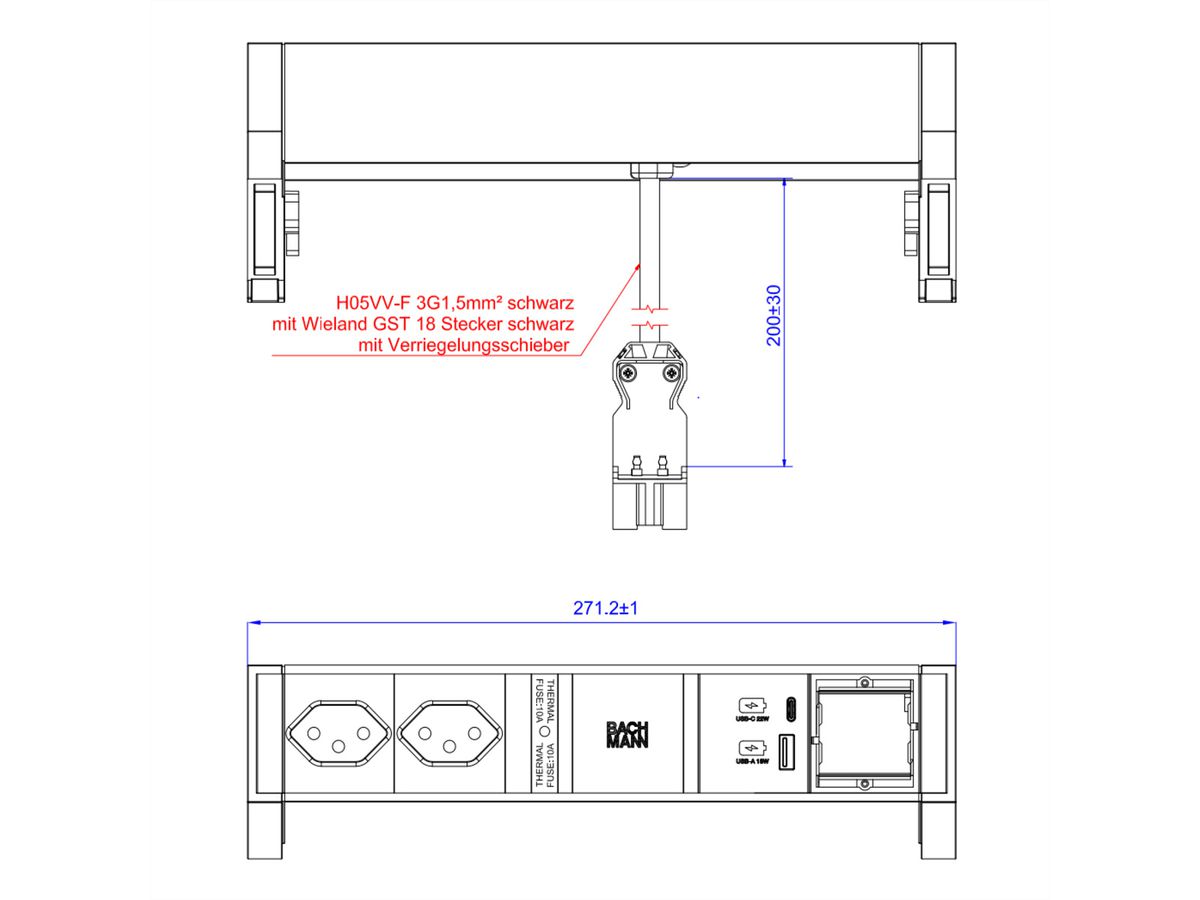 BACHMANN DESK2 2xCH 1xUSB A/C 22W 1xCM, 0,2m GST18 INOX Schweiz