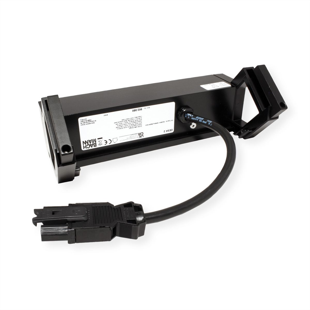 BACHMANN DESK2 2xUTE 1xUSB A/C 22W, GST18 RAL9005, schwarz, 0,2 m