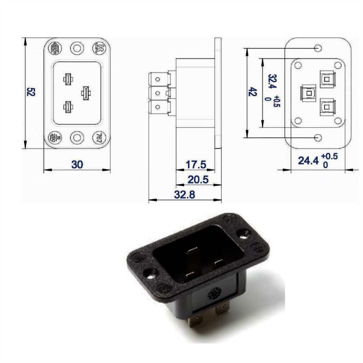 BACHMANN Kaltgeräteeinbaustecker IEC320 C20, schwarz, Thermoplast,Schraubanschluss