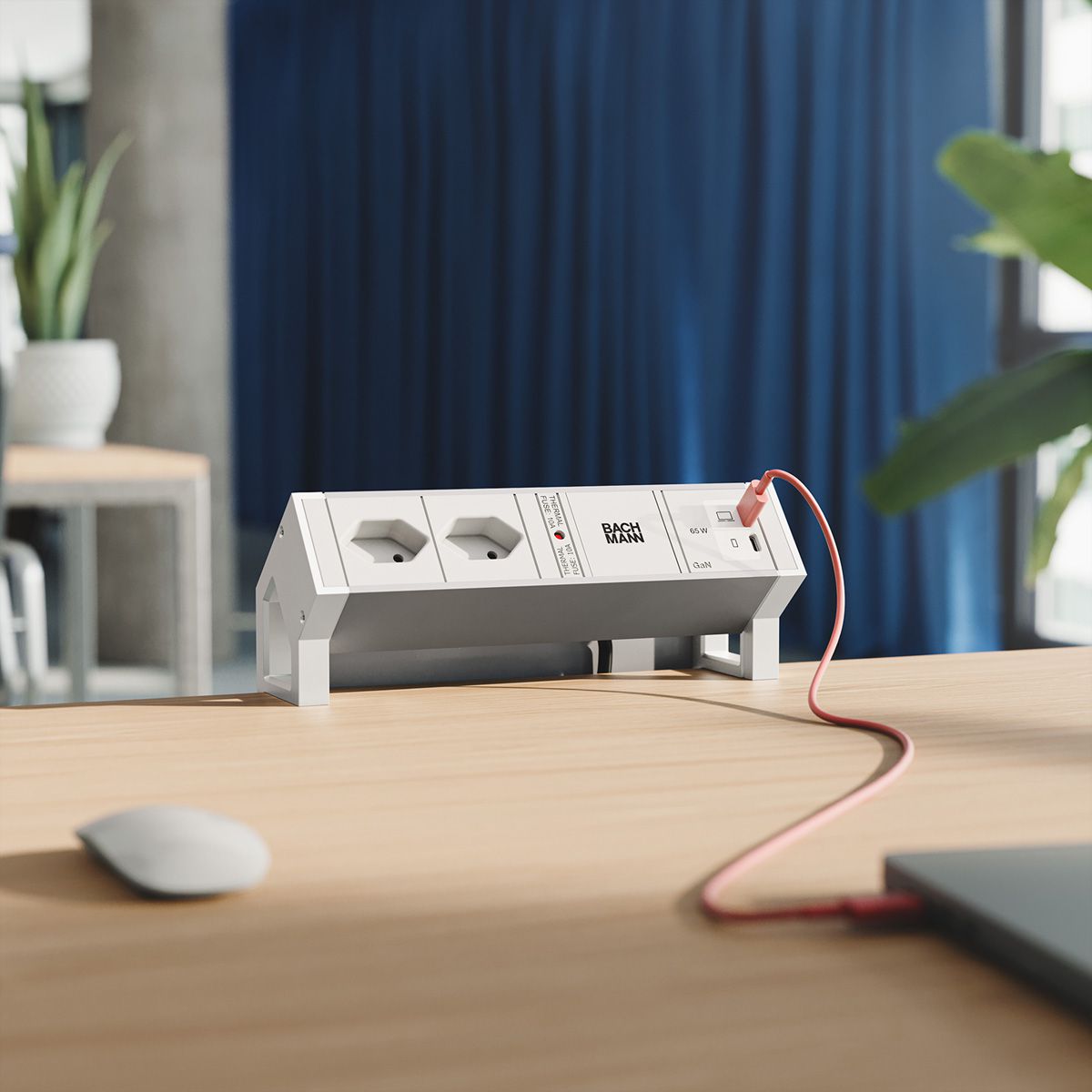BACHMANN DESK2 ALU WHITE 2xCH 90°, 1xUSB C/C 65W L=0,2m RAL9010