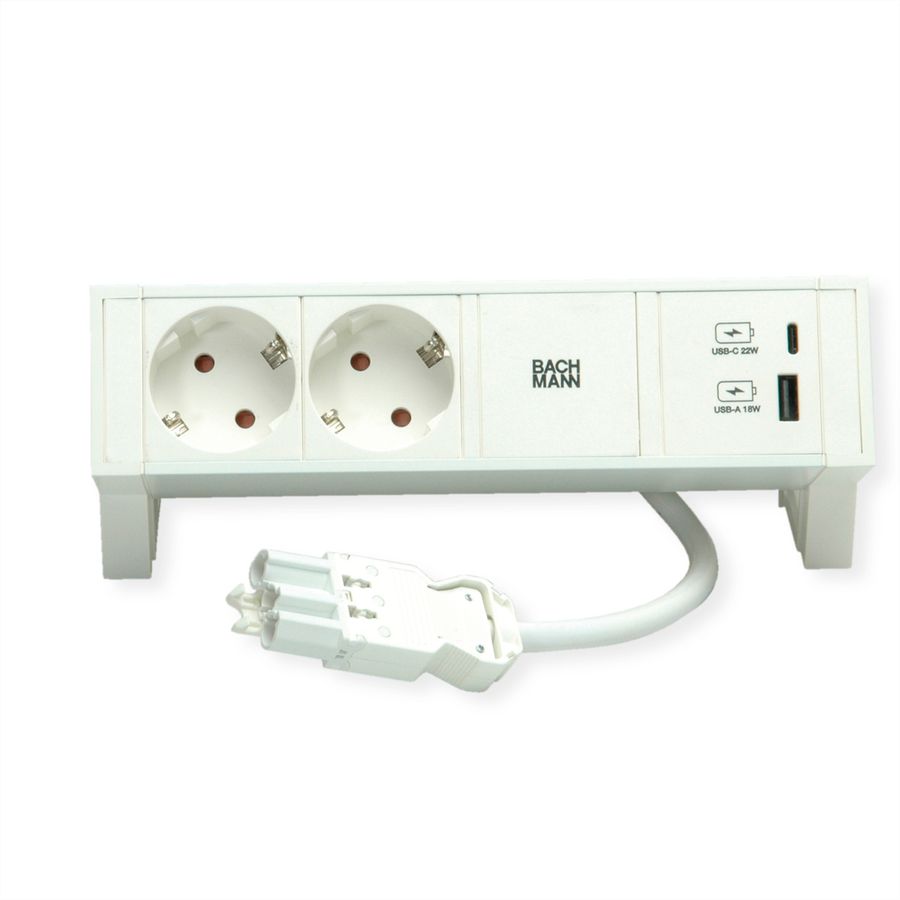 BACHMANN DESK2 ALU WHITE 2x Schutzkontakt, USB Charger 22W A&C, 0,2m GST18