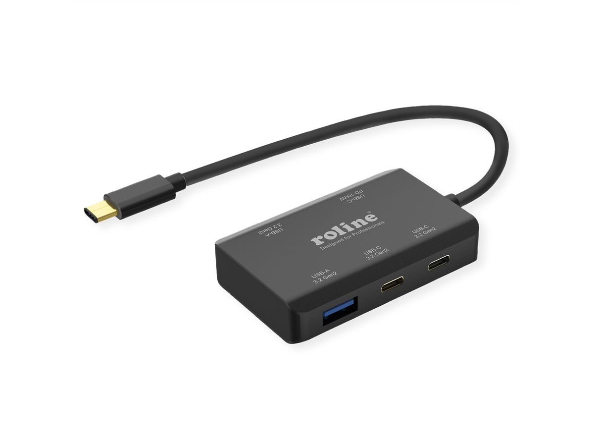 ROLINE USB 3.2 Gen 2 Hub, 4fach (2x USB-A + 2x USB-C), PD, Typ C Anschlusskabel