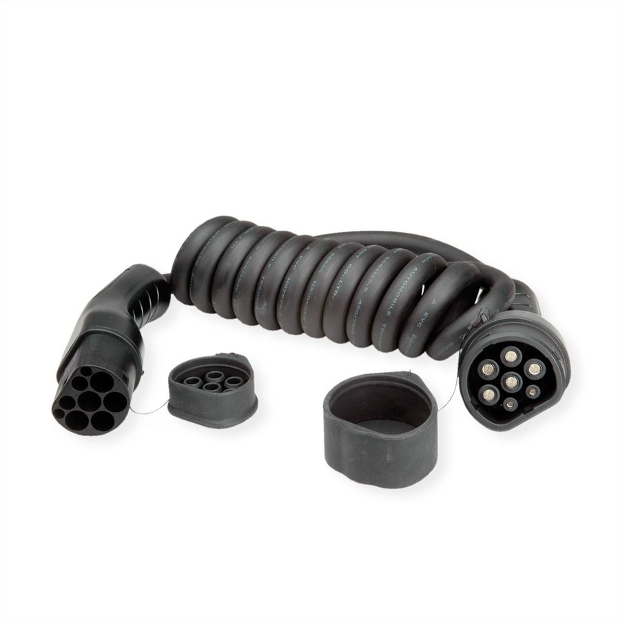 ROLINE E-Auto Spiral-Ladekabel Typ2, 1-phasig, 250VAC (1P+N+E), 32 A, 7,4 kW, max. 2m