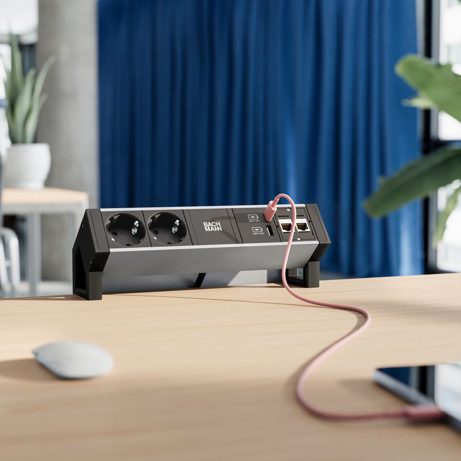 BACHMANN DESK2 ALU BLACK 2xSchutzkt.USB, USB Charger 22W A&C 1xABD 0,2m GST18