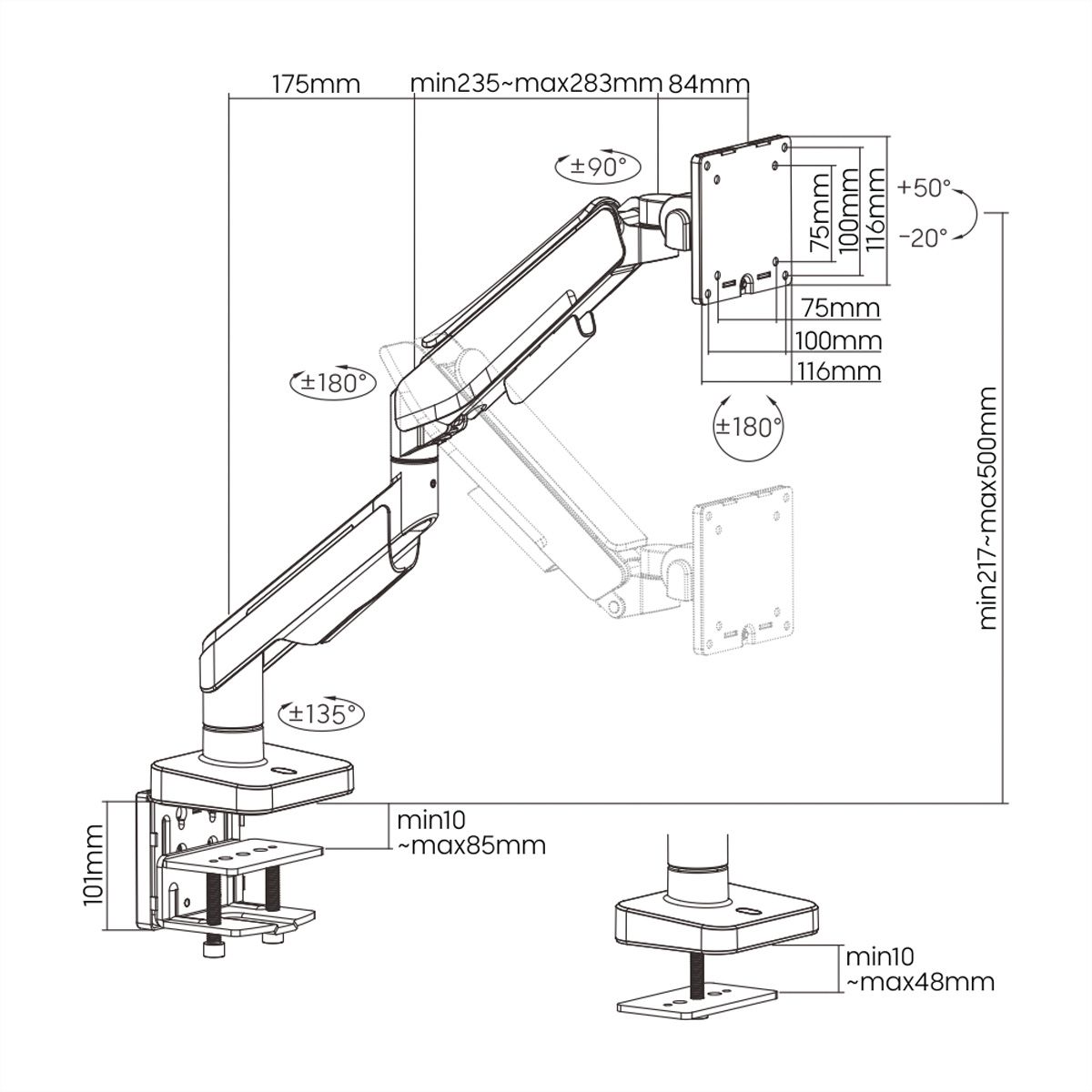 ROLINE LCD-Arm, Tischmontage, Gasfeder, 5 Gelenke, 17-49 Zoll, bis 20 kg
