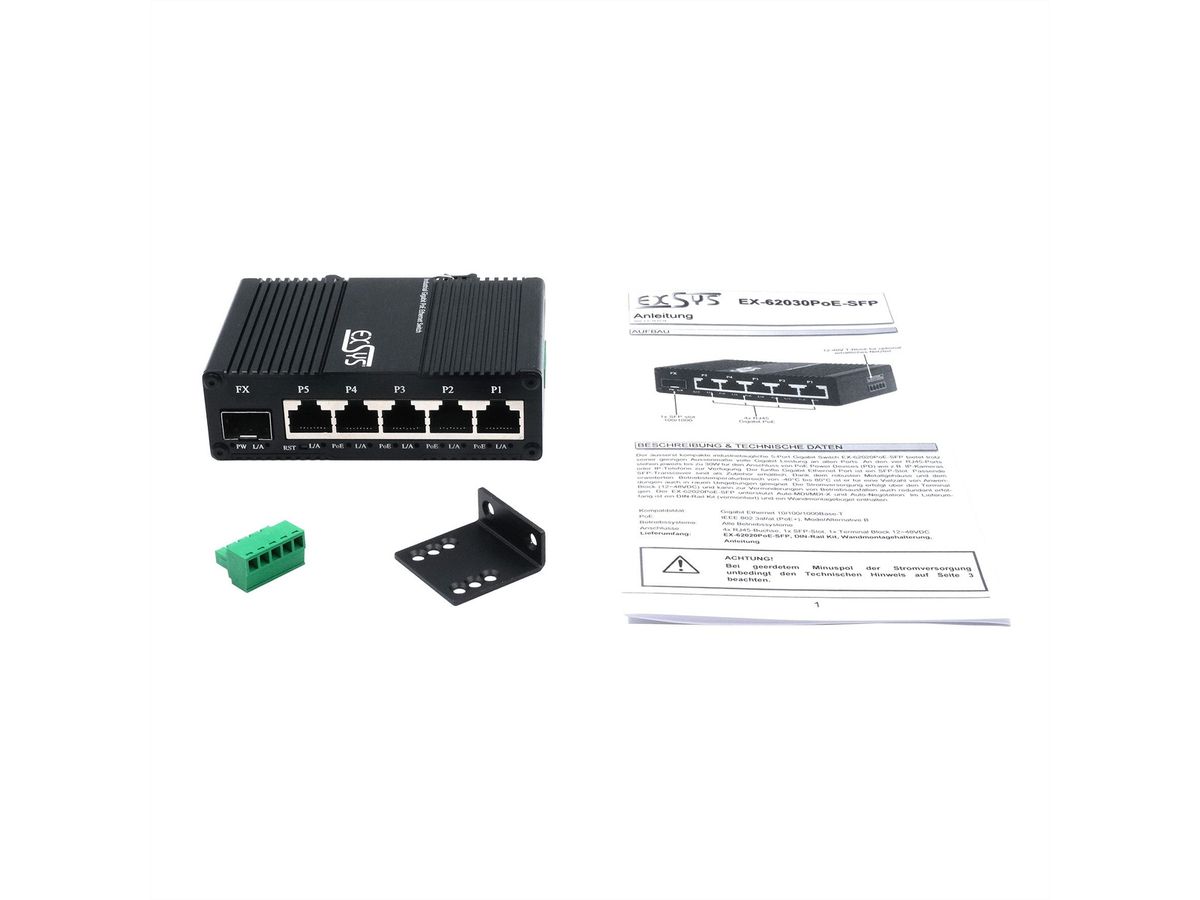 EXSYS EX-62030MPoE-SFP-5+1 Port Industrial Gigabit SFP PoE+ Mini Switch, Web Managed