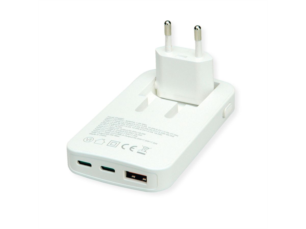 ROLINE USB Charger, schlank, mit klappbarem Euro-Stecker, 65W