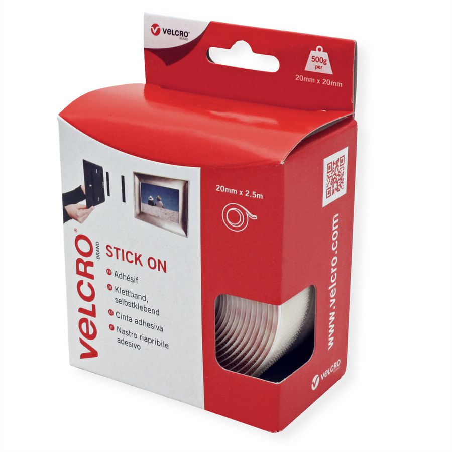 VELCRO® Klettband Selbstklebend, Haken & Flausch 20mm x 2.5m Weiß
