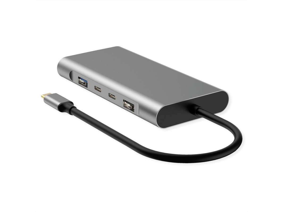 VALUE USB Typ C Dockingstation, 2x HDMI (4K60 und 4K30), 1x DP 4K60, 1x VGA, 1x Gb Ethernet, 2x USB C, 2x USB A (3.2 Gen1 und USB 2.0, 1x Type C PD