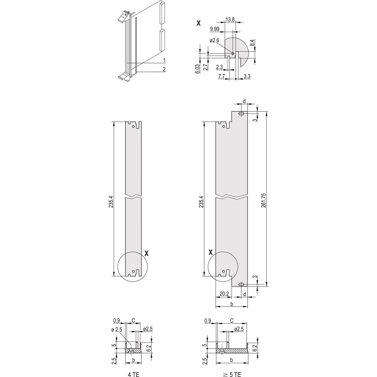 SCHROFF Frontprofil für IEEE-Griff, 3 HE mit 0,1" Versatz, geschirmt - FRONTPROFIL 3HE 6TE IEL OFF