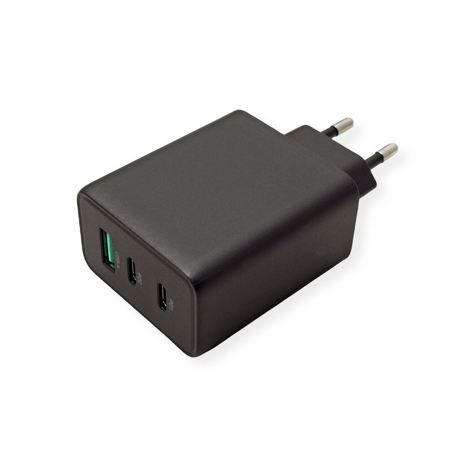 VALUE USB Charger mit Euro-Stecker, 3-Port (Typ-A, 2x Typ-C), 65W, GaN