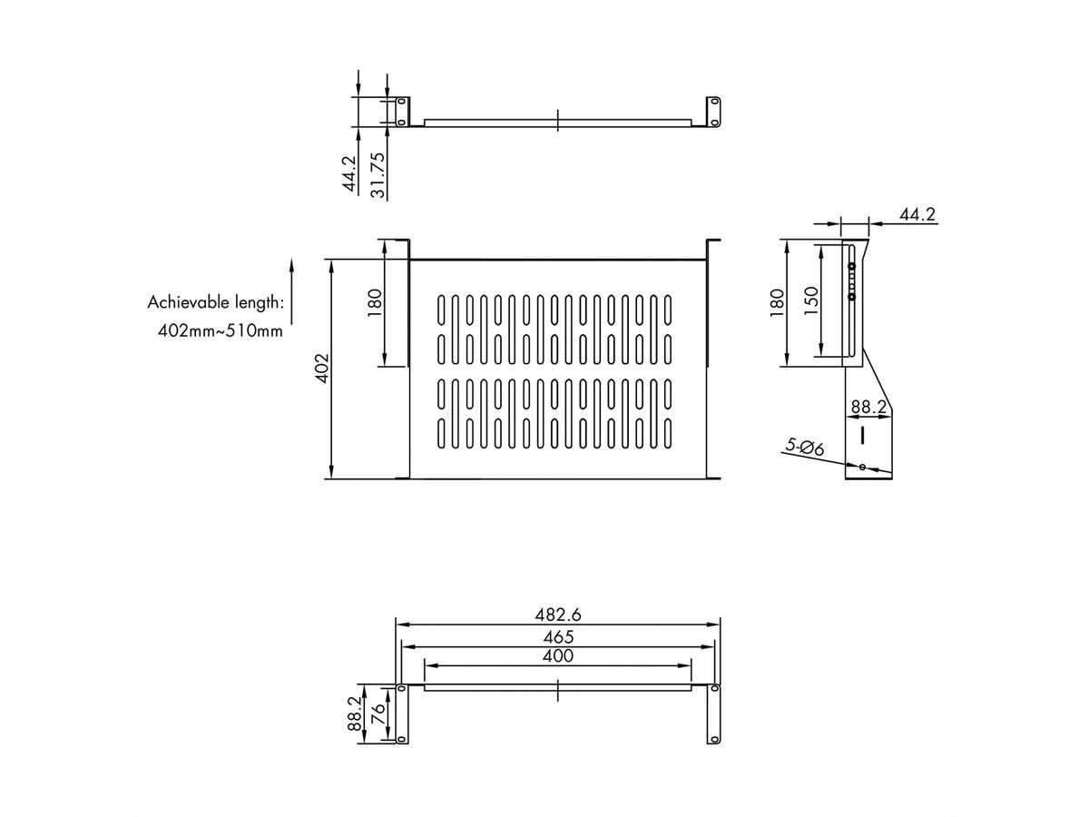 VALUE 19"-Geräteträger 2 HE, T: 400mm, max. 25 kg, U-Form, schwarz
