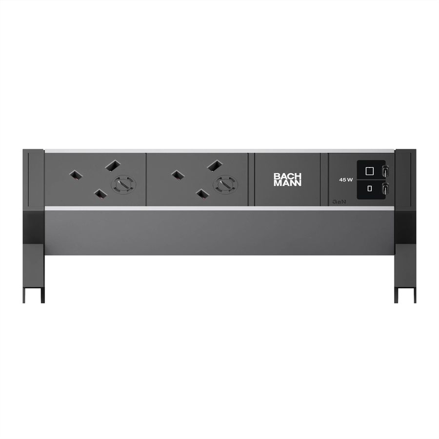 BACHMANN DESK2 ALU BLACK 2xUK, 1xUSB C/C 45W L=0,2m