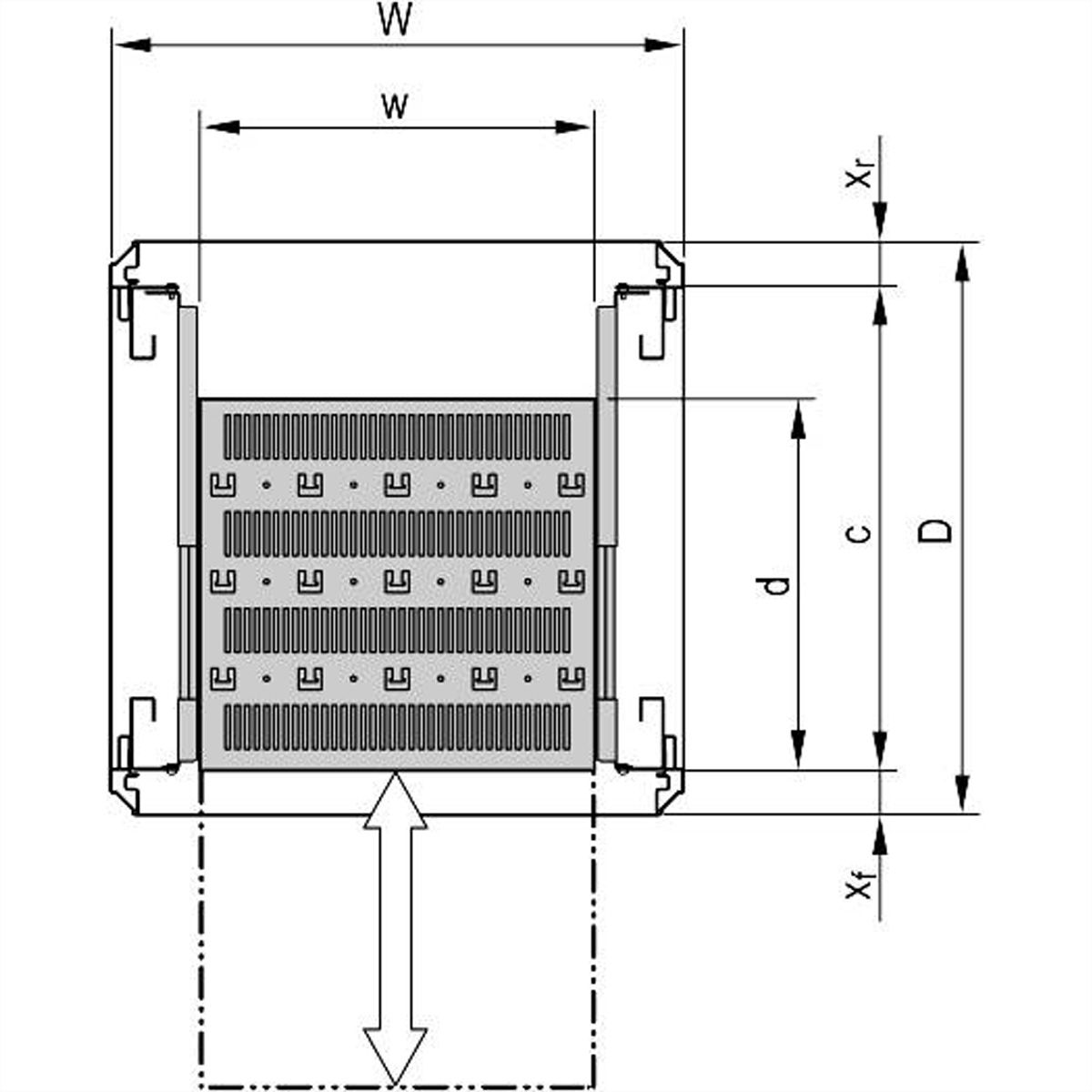 SCHROFF 19''- / Gestell- Fachboden ausziehbar, verkürzt um 100 mm - 19"FA AUS 2HE C=700 RED 7021