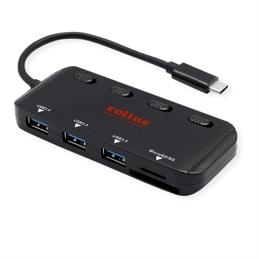 ROLINE USB 3.2 Gen 1 Hub, 3fach, Typ C Anschlusskabel, mit CardReader, Ports einzeln schaltbar