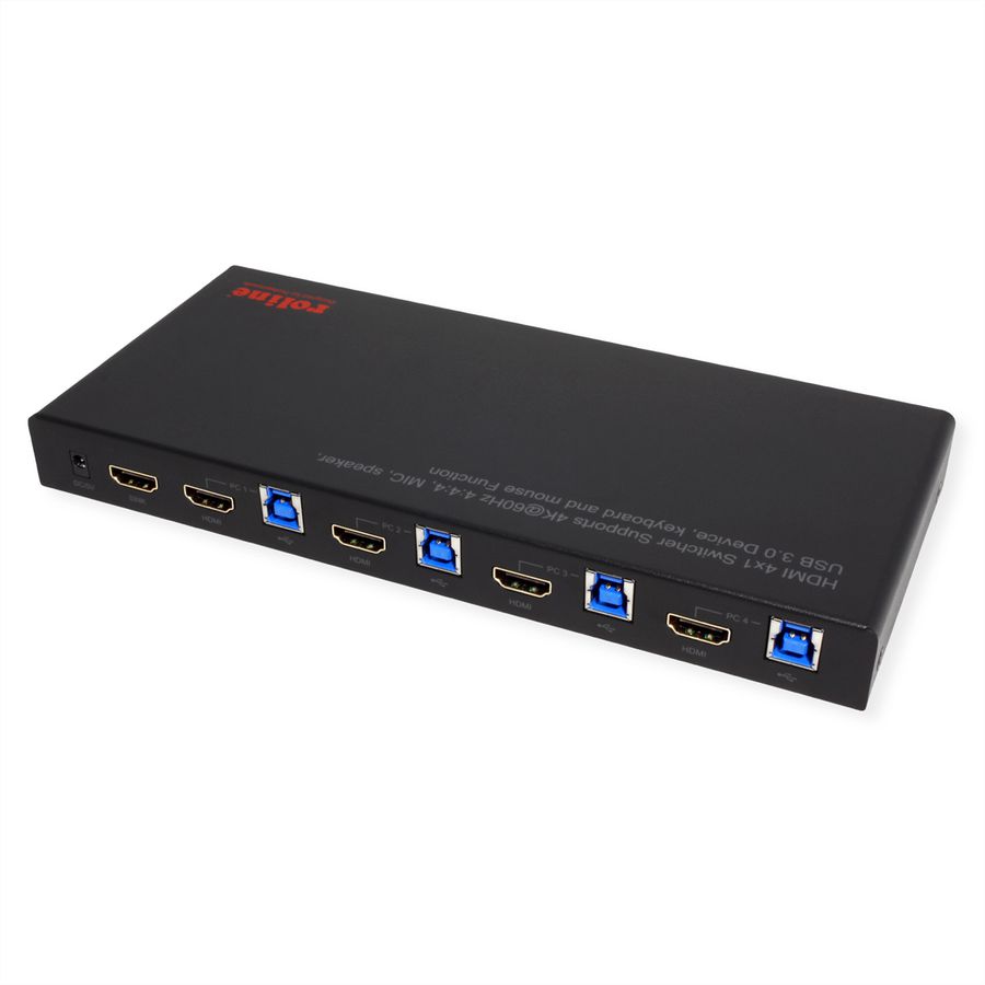 ROLINE KVM Switch, HDMI 4K, USB, 1 User - 4 PC, mit 3-Port USB-Hub