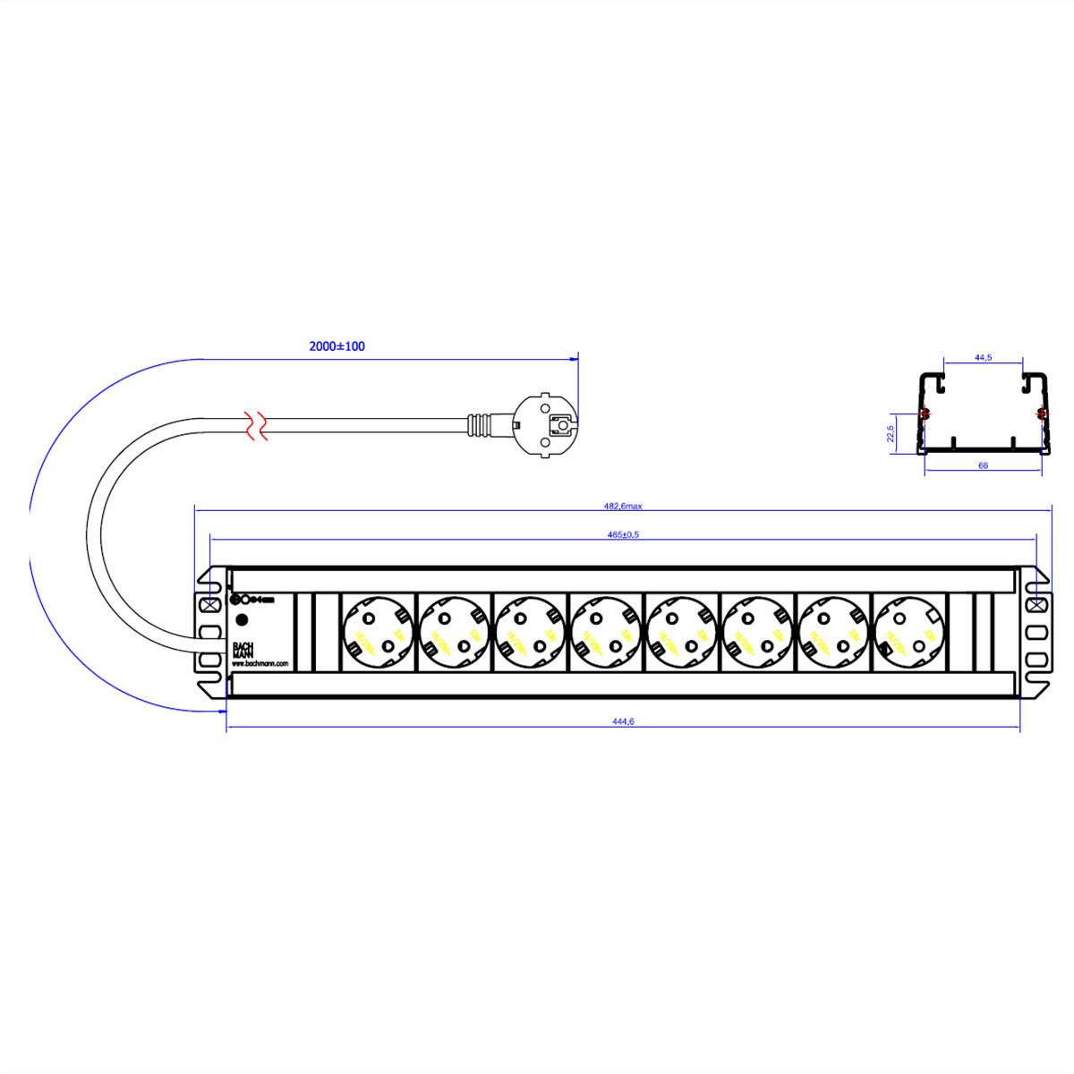 BACHMANN Handwerkerleiste 8x Schutzkontakt,19-Zoll-Rack kompatibel, 2 m
