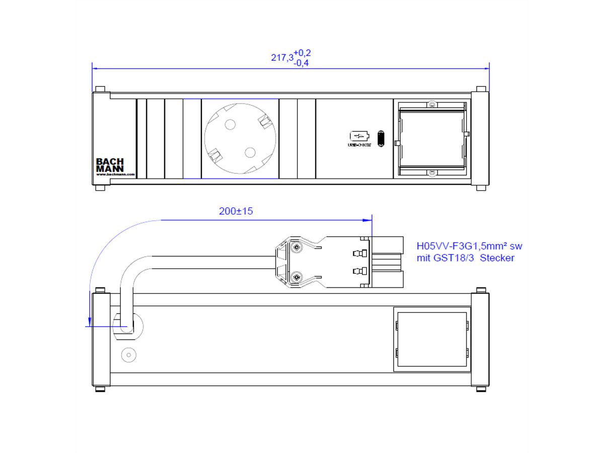 BACHMANN CONI 1xCEE7/3 1xUSB C 30W, Schutzkontakt GST18 Stecker