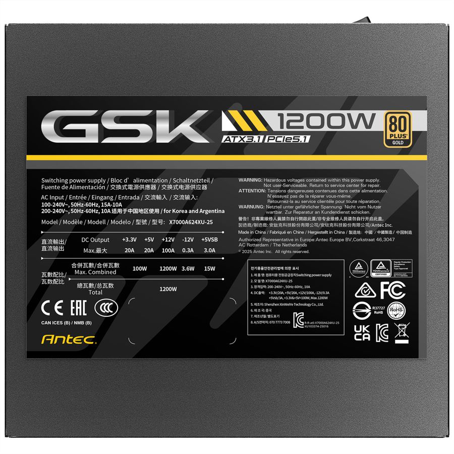 ANTEC GSK 1200 ATX3.1 1200 W Vollmodulares 80 PLUS Gold-Netzteil, schwarz