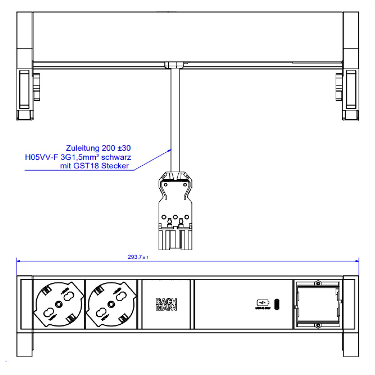 BACHMANN DESK2 ALU BLACK 2xP40 1xCM, 1xUSBC 60W 0,2m GST18 Italia